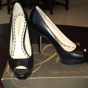 Enzo Angiolini Black Leather Peep Toe Pumps Sz 8.5